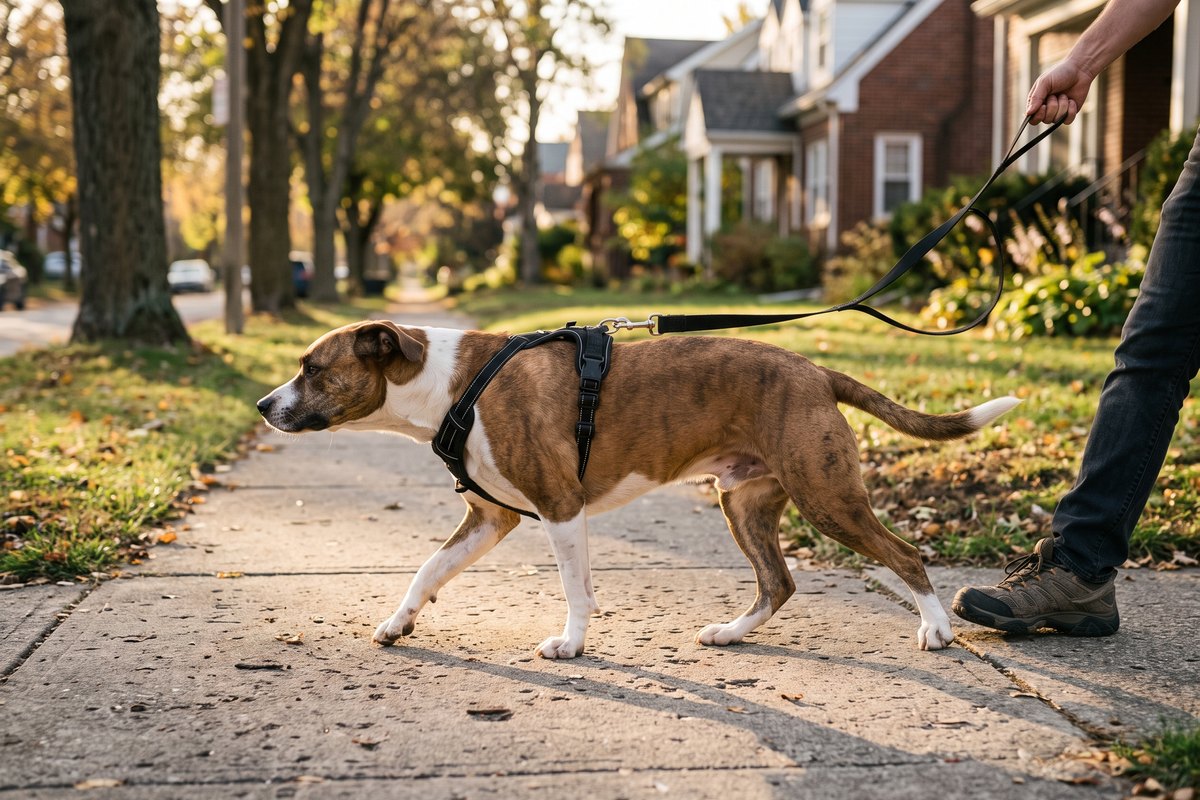 The same dog walking calmly with the lead hanging in a loose curve