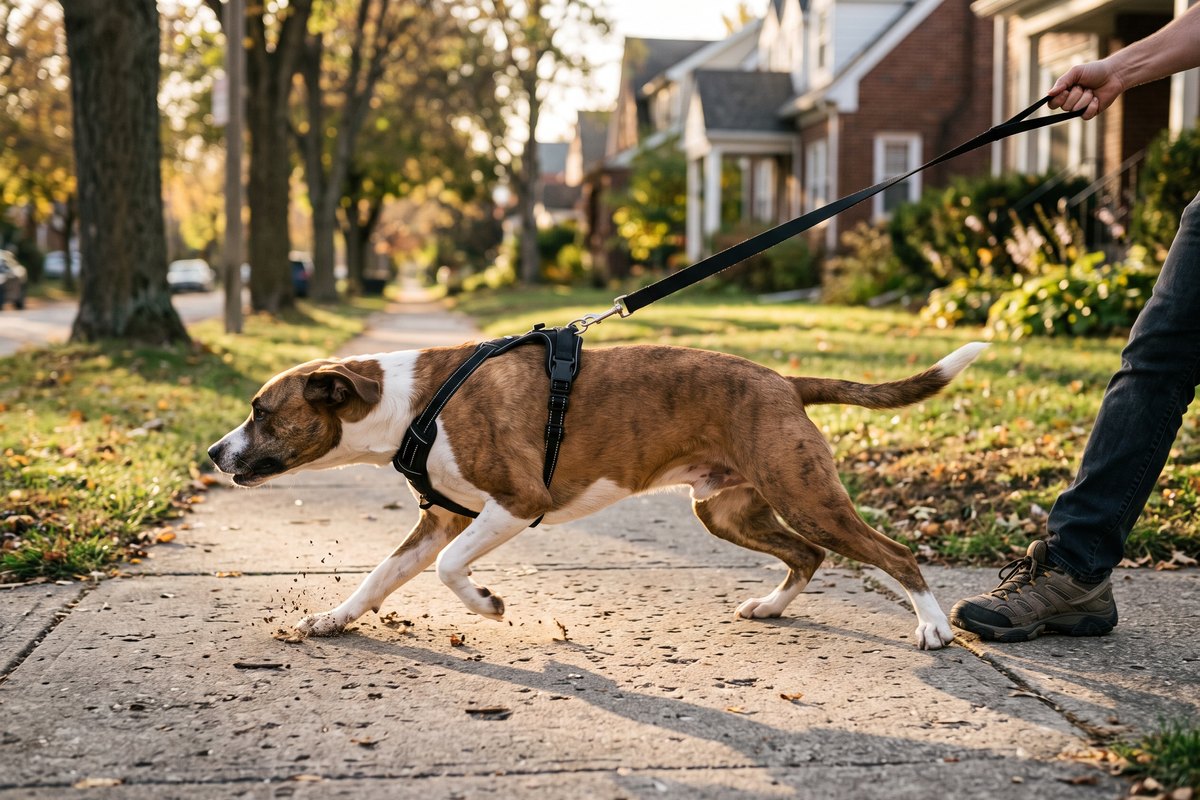Dog pulling hard on a tight lead during a walk
